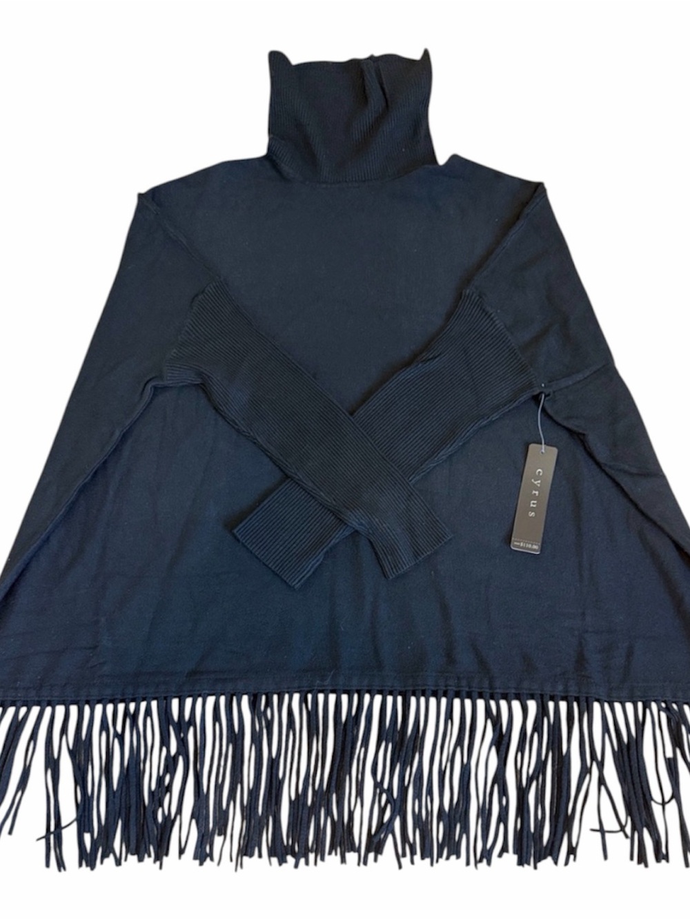 Cyrus Black  Fringe Turtleneck Poncho Sweater Size M